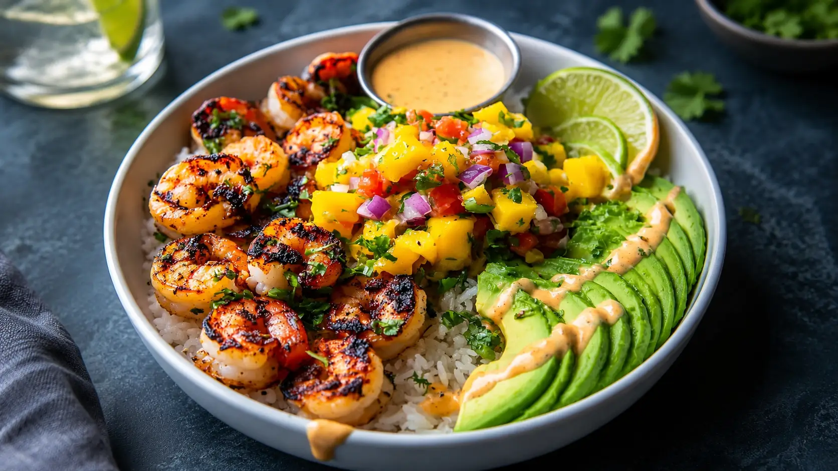 Shrimp Avocado Bowl mit Mango-Salsa